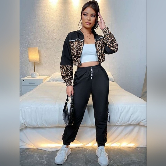 SHEIN Pants - Leopard Print Crop Jacket Jogger Pants Set BE COOL BE YOURSELF Athleisure